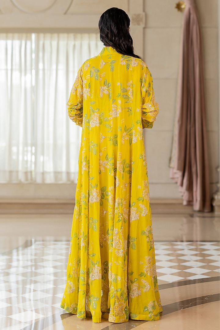 Yellow Georgette Floral Printed Jacket Set by Paulmi & Harsh at Pernia's Pop Up Shop