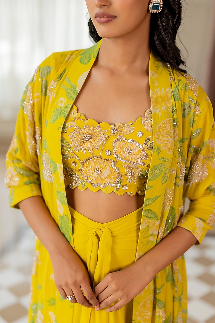 Yellow Georgette Floral Printed Jacket Set by Paulmi & Harsh at Pernia's Pop Up Shop
