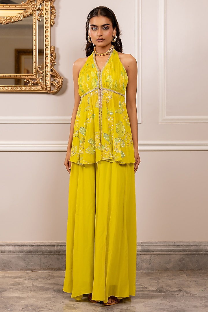 Yellow Georgette Printed & Mirror Embroidered Co-Ord Set by Paulmi & Harsh at Pernia's Pop Up Shop