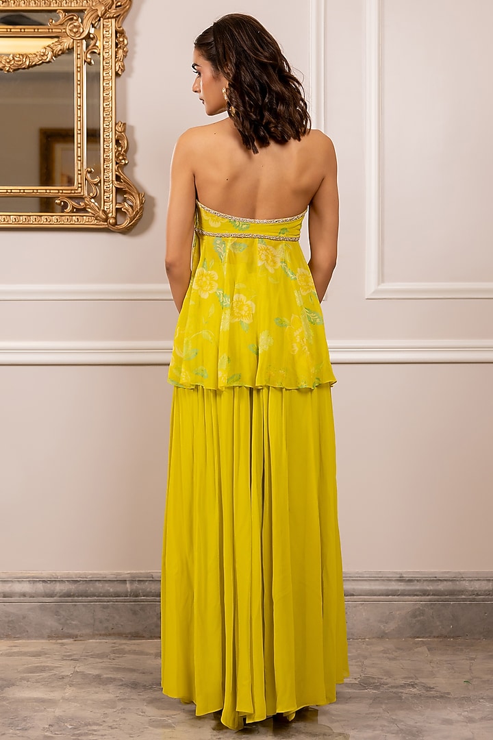 Yellow Georgette Printed & Mirror Embroidered Co-Ord Set by Paulmi & Harsh at Pernia's Pop Up Shop