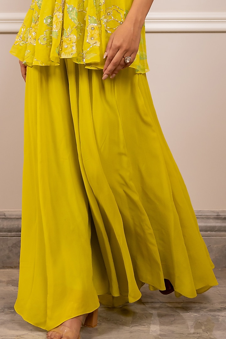 Yellow Georgette Printed & Mirror Embroidered Co-Ord Set by Paulmi & Harsh at Pernia's Pop Up Shop