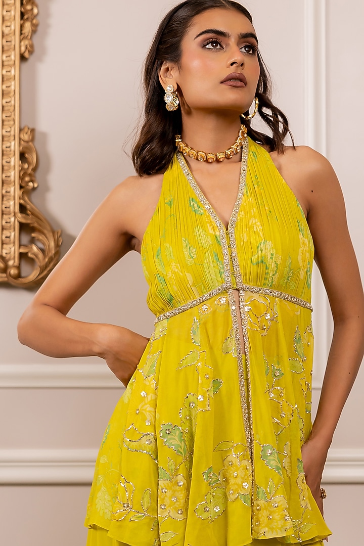 Yellow Georgette Printed & Mirror Embroidered Co-Ord Set by Paulmi & Harsh at Pernia's Pop Up Shop
