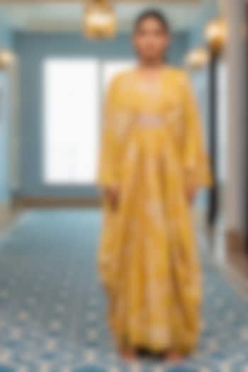Yellow Georgette Floral Printed Kaftan by Paulmi & Harsh at Pernia's Pop Up Shop