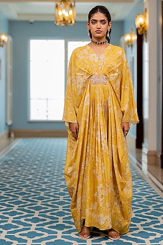 Yellow Georgette Floral Printed Kaftan by Paulmi & Harsh