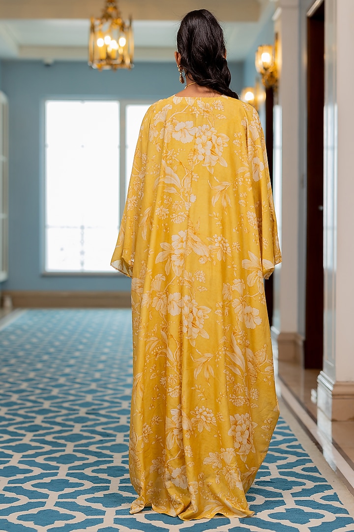 Yellow Georgette Floral Printed Kaftan by Paulmi & Harsh at Pernia's Pop Up Shop
