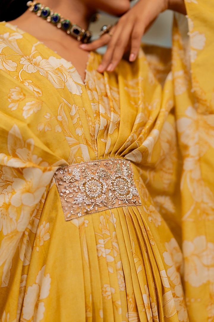 Yellow Georgette Floral Printed Kaftan by Paulmi & Harsh at Pernia's Pop Up Shop