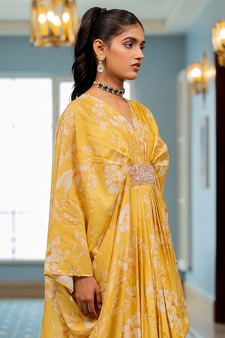 Yellow Georgette Floral Printed Kaftan by Paulmi & Harsh at Pernia's Pop Up Shop