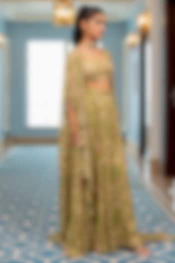 Sage Green Georgette Floral Printed Jacket Set by Paulmi & Harsh at Pernia's Pop Up Shop