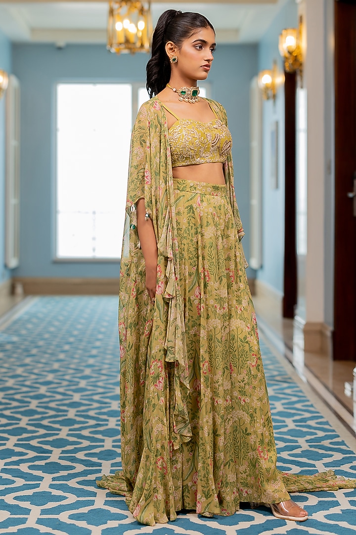 Sage Green Georgette Floral Printed Jacket Set by Paulmi & Harsh at Pernia's Pop Up Shop