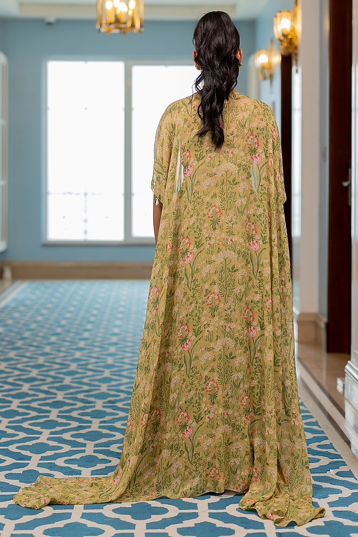 Sage Green Georgette Floral Printed Jacket Set by Paulmi & Harsh at Pernia's Pop Up Shop