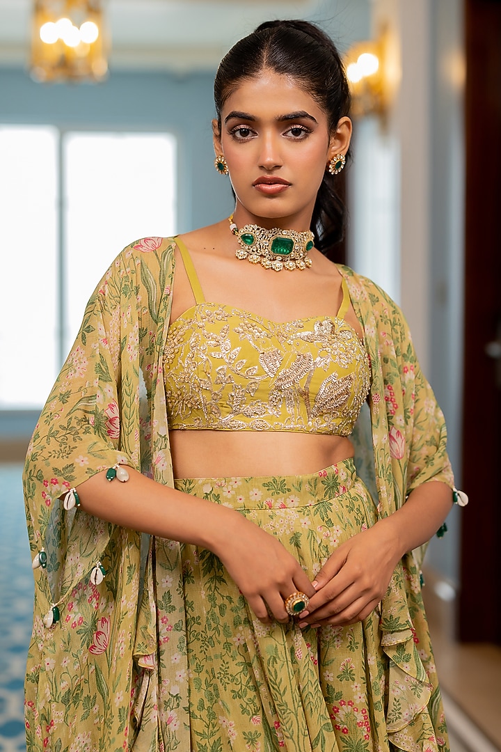 Sage Green Georgette Floral Printed Jacket Set by Paulmi & Harsh at Pernia's Pop Up Shop