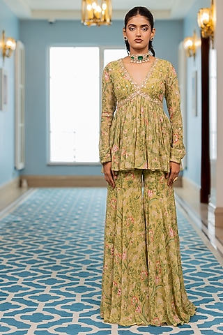 Sage Green Georgette Floral Printed Sharara Set by Paulmi & Harsh