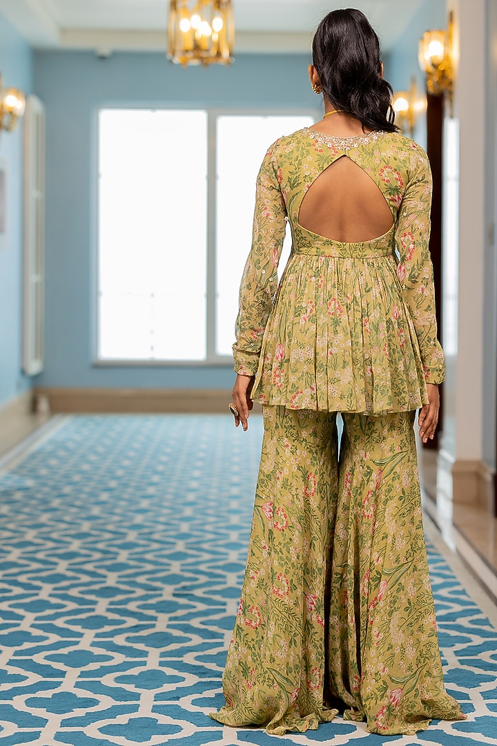 Sage Green Georgette Floral Printed Party Wear Sharara Set by Paulmi & Harsh at Pernia's Pop Up Shop
