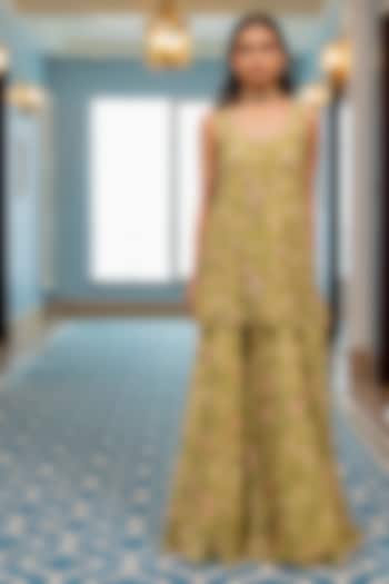 Sage Green Georgette Floral Printed Party Wear Sharara Set by Paulmi & Harsh at Pernia's Pop Up Shop