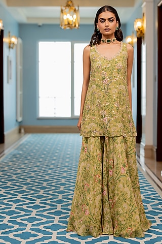 Sage Green Georgette Floral Printed Sharara Set by Paulmi & Harsh