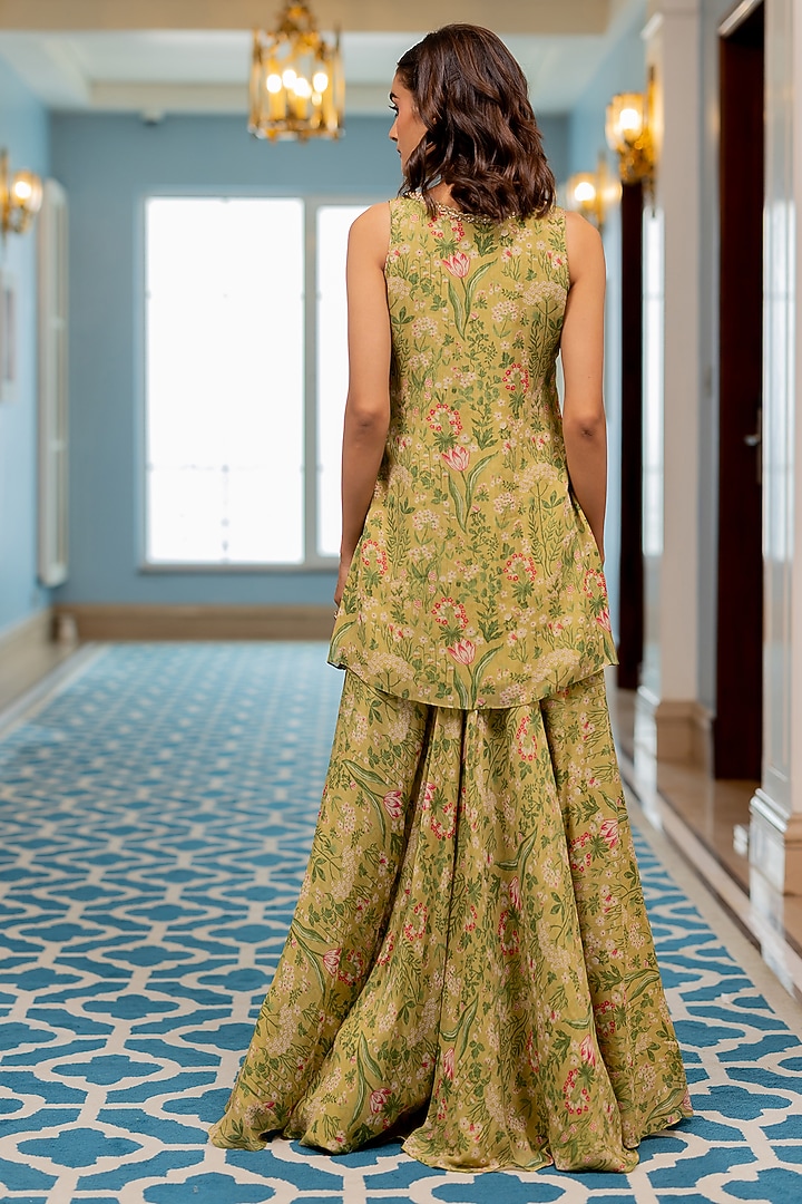 Sage Green Georgette Floral Printed Party Wear Sharara Set by Paulmi & Harsh at Pernia's Pop Up Shop