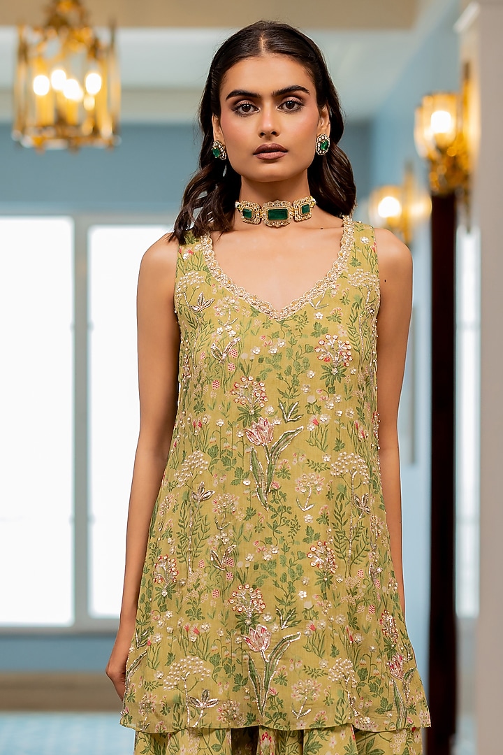 Sage Green Georgette Floral Printed Party Wear Sharara Set by Paulmi & Harsh at Pernia's Pop Up Shop