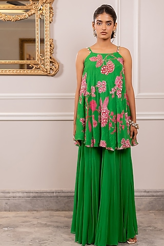 Green Georgette Palazzo Pant Set by Paulmi & Harsh