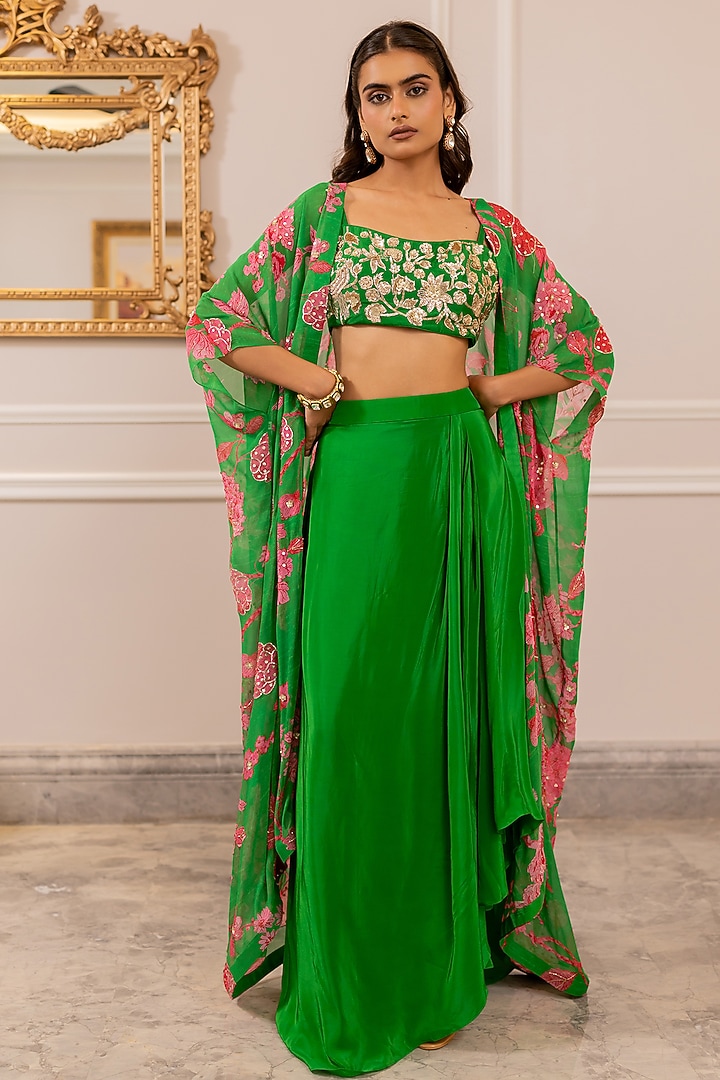 Green Georgette Floral Printed Kalidar Jacket Set by Paulmi & Harsh at Pernia's Pop Up Shop