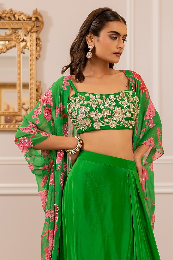 Green Georgette Floral Printed Kalidar Jacket Set by Paulmi & Harsh at Pernia's Pop Up Shop