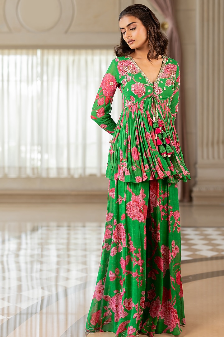 Green Georgette Palazzo Pant Set by Paulmi & Harsh at Pernia's Pop Up Shop