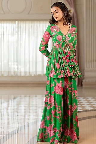 Green Georgette Palazzo Pant Set by Paulmi & Harsh