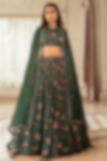 Dark Green Organza Floral Printed Wedding Lehenga Set by Paulmi & Harsh at Pernia's Pop Up Shop