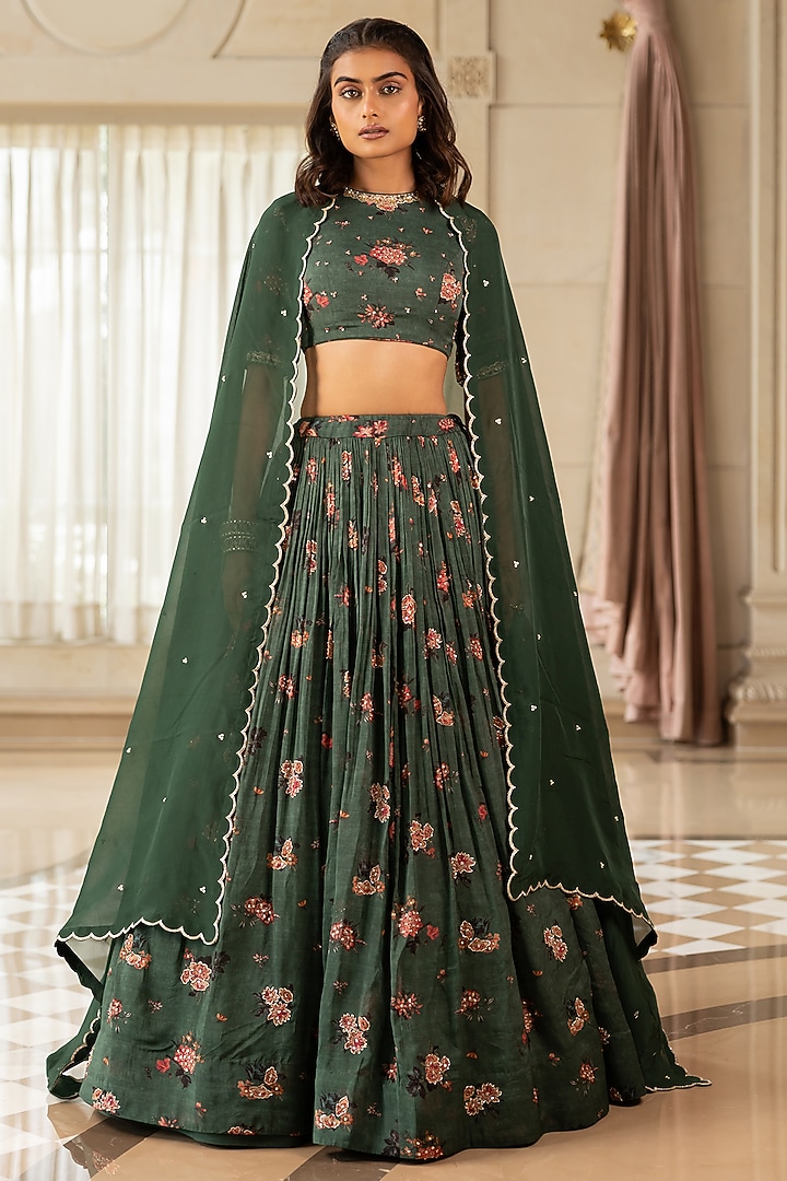 Dark Green Organza Floral Printed Wedding Lehenga Set by Paulmi & Harsh at Pernia's Pop Up Shop