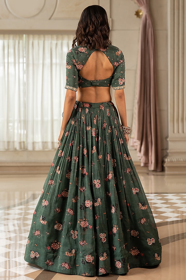 Dark Green Organza Floral Printed Wedding Lehenga Set by Paulmi & Harsh at Pernia's Pop Up Shop