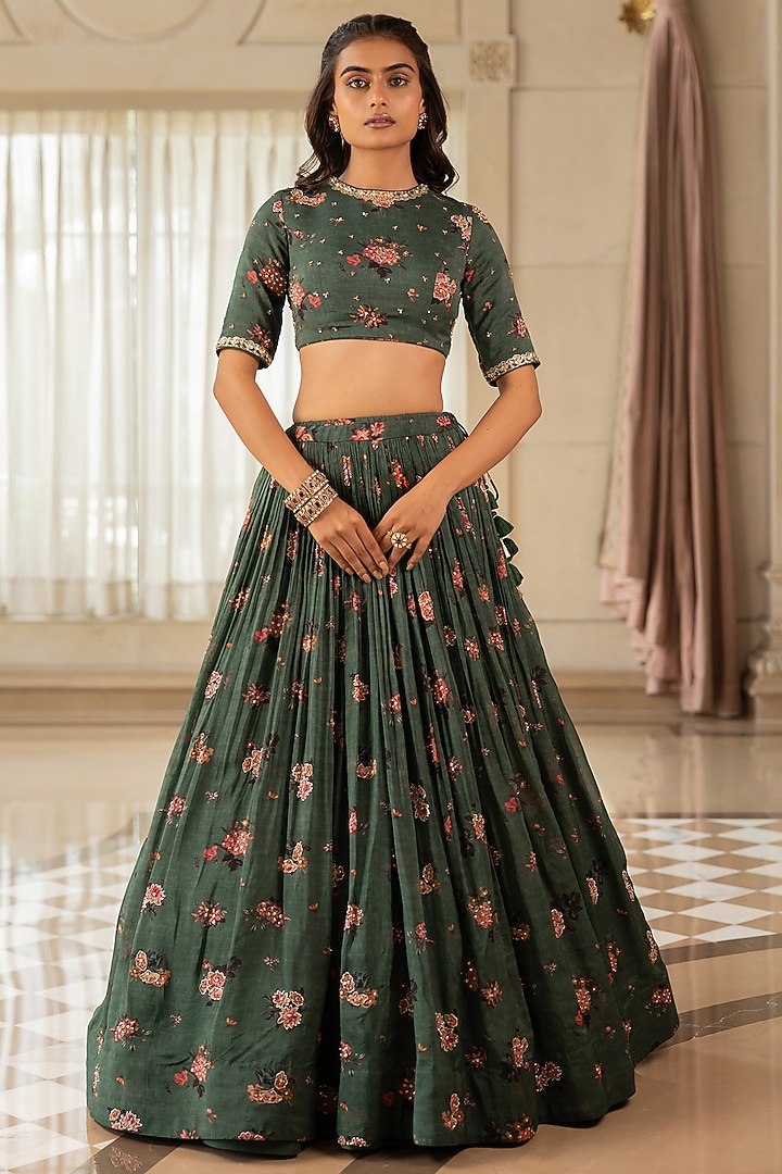 Dark Green Organza Floral Printed Wedding Lehenga Set by Paulmi & Harsh at Pernia's Pop Up Shop