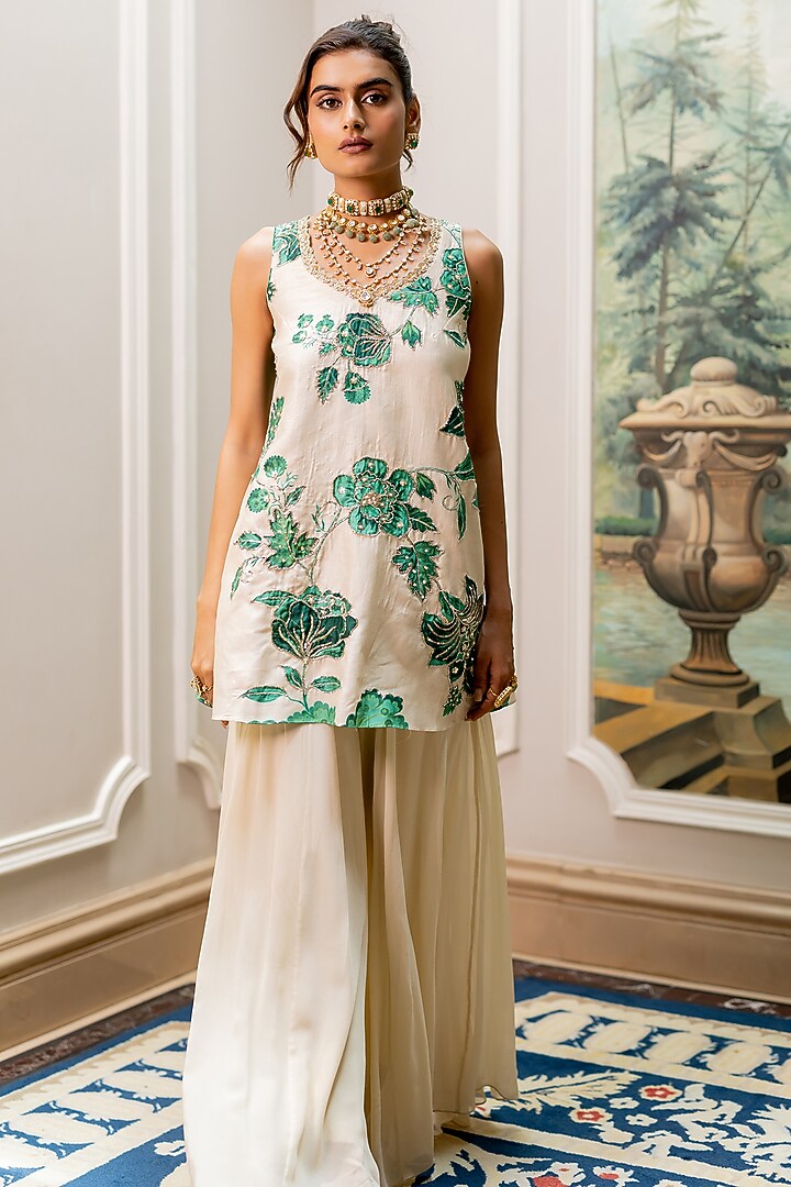 Ivory Georgette Party Wear Sharara Set by Paulmi & Harsh at Pernia's Pop Up Shop