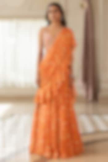 Orange Georgette Floral Printed Ruffled Wedding Saree Set by Paulmi & Harsh at Pernia's Pop Up Shop