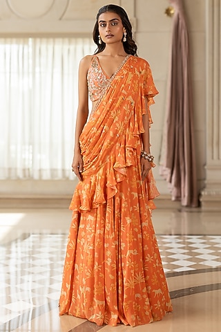Orange Georgette Floral Printed Ruffled Saree Set by Paulmi & Harsh