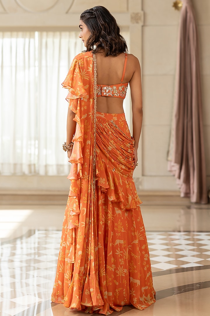 Orange Georgette Floral Printed Ruffled Wedding Saree Set by Paulmi & Harsh at Pernia's Pop Up Shop