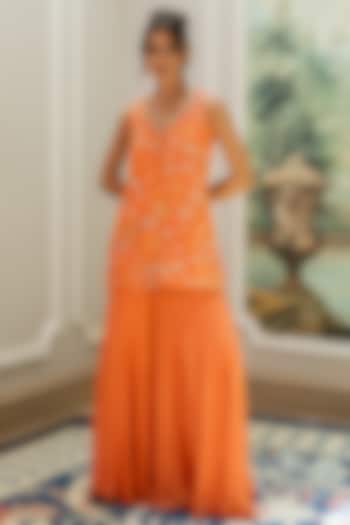 Orange Georgette Floral Printed Short Kurta Set by Paulmi & Harsh at Pernia's Pop Up Shop