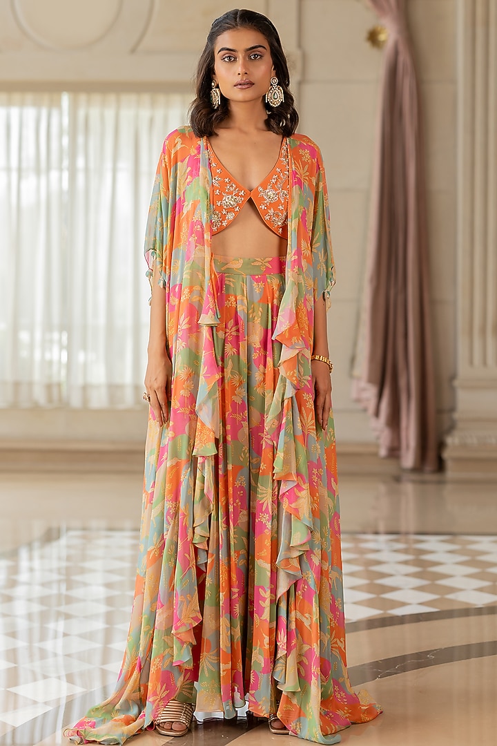 Multi-Colored Georgette Floral Printed Jacket Set by Paulmi & Harsh at Pernia's Pop Up Shop