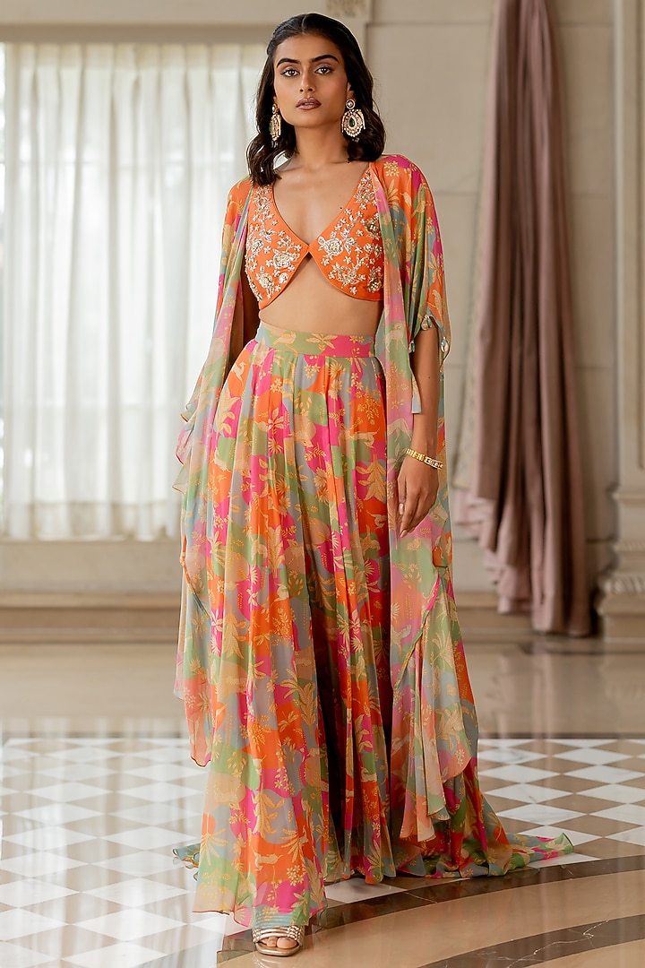 Multi-Colored Georgette Floral Printed Jacket Set by Paulmi & Harsh at Pernia's Pop Up Shop