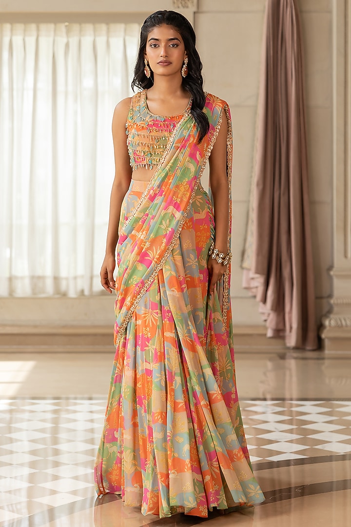 Multi-Colored Georgette Floral Printed Pre-Draped Wedding Saree Set by Paulmi & Harsh at Pernia's Pop Up Shop