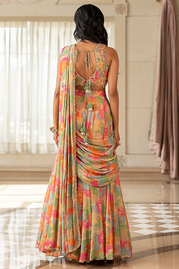 Multi-Colored Georgette Floral Printed Pre-Draped Wedding Saree Set by Paulmi & Harsh at Pernia's Pop Up Shop