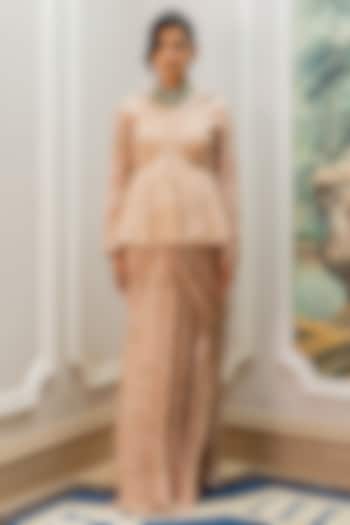 Old Rose Georgette Floral Printed Pre-Draped Wedding Saree Set by Paulmi & Harsh at Pernia's Pop Up Shop