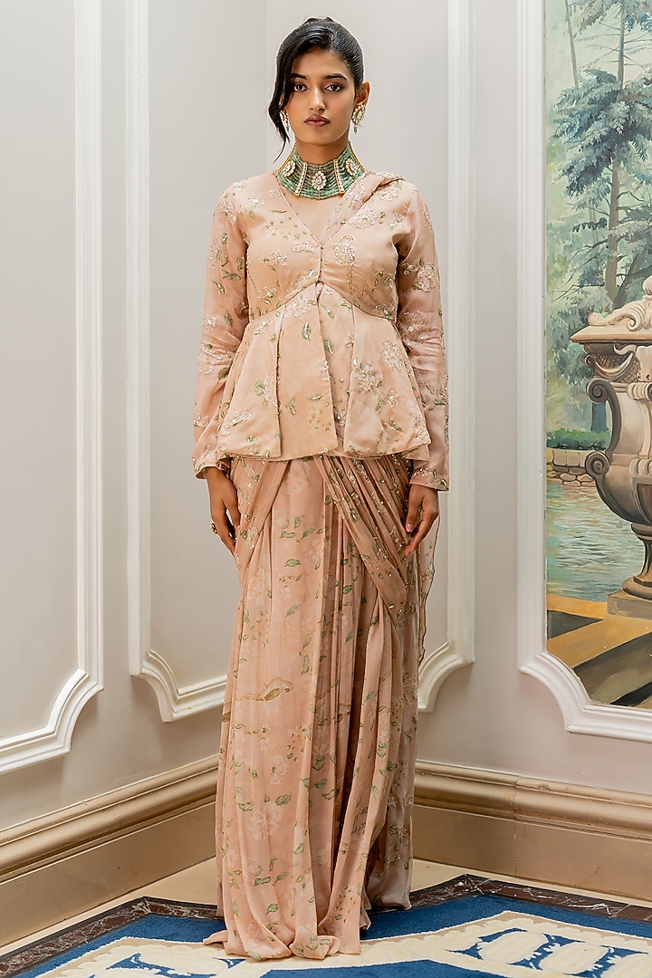 Old Rose Georgette Floral Printed Pre-Draped Wedding Saree Set by Paulmi & Harsh at Pernia's Pop Up Shop