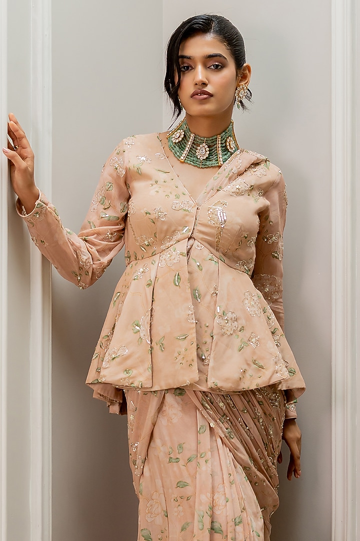 Old Rose Georgette Floral Printed Pre-Draped Wedding Saree Set by Paulmi & Harsh at Pernia's Pop Up Shop