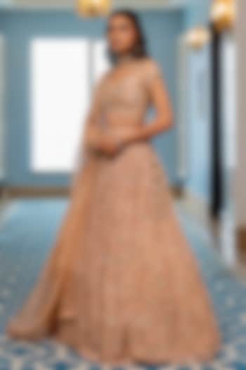 Old Rose Georgette Floral Printed Wedding Lehenga Set by Paulmi & Harsh at Pernia's Pop Up Shop