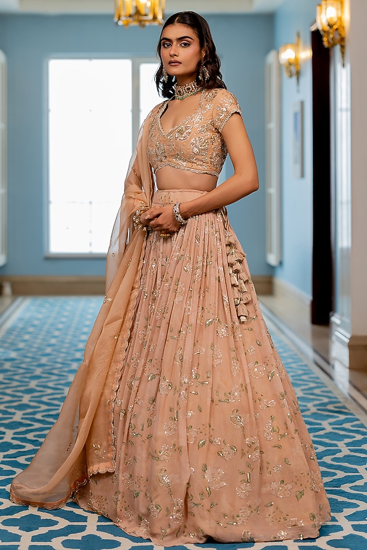 Old Rose Georgette Floral Printed Wedding Lehenga Set by Paulmi & Harsh at Pernia's Pop Up Shop