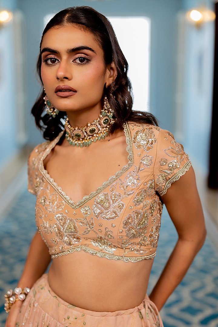Old Rose Georgette Floral Printed Wedding Lehenga Set by Paulmi & Harsh at Pernia's Pop Up Shop