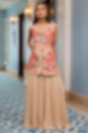 Old Rose Chiniya Silk Floral Printed Kurta Set by Paulmi & Harsh at Pernia's Pop Up Shop