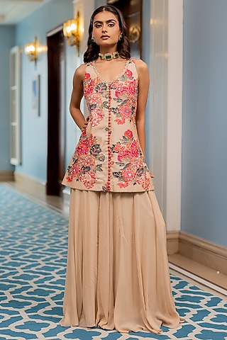 Old Rose Chiniya Silk Floral Printed Kurta Set by Paulmi & Harsh
