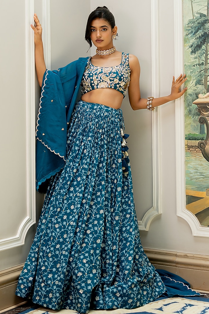 Teal Blue Chiniya Silk Floral Printed Wedding Lehenga Set by Paulmi & Harsh at Pernia's Pop Up Shop