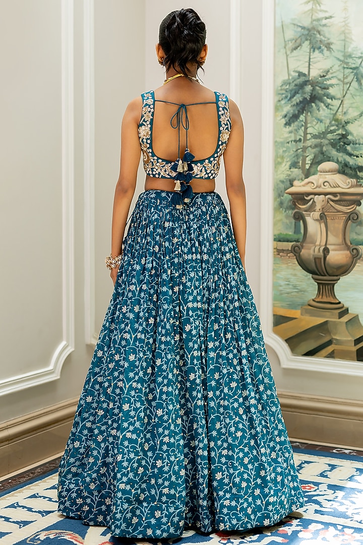 Teal Blue Chiniya Silk Floral Printed Wedding Lehenga Set by Paulmi & Harsh at Pernia's Pop Up Shop