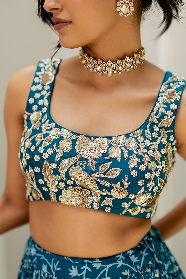 Teal Blue Chiniya Silk Floral Printed Wedding Lehenga Set by Paulmi & Harsh at Pernia's Pop Up Shop